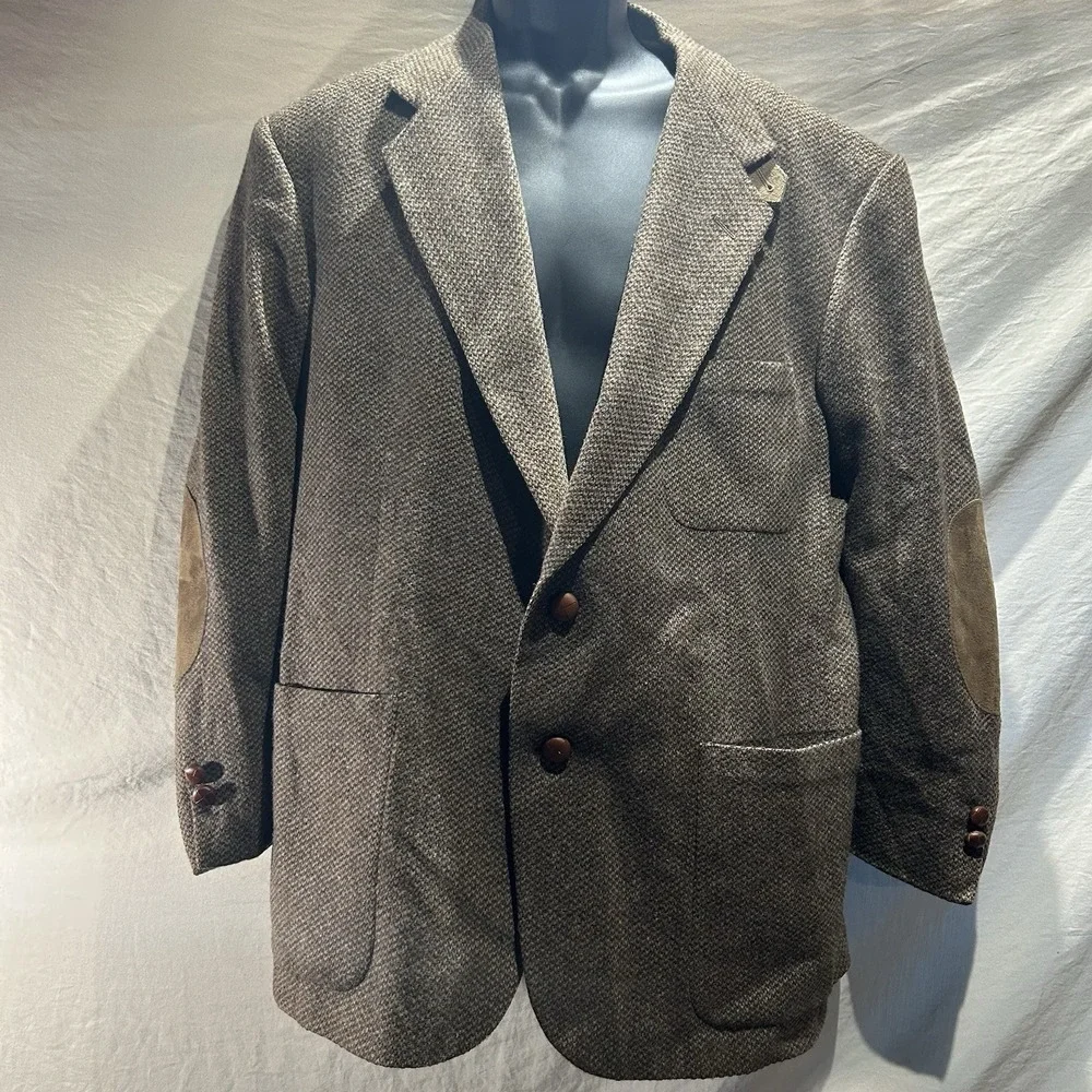 Vintage Stafford Mens 44S Lambswool Tweed Blazer Brown Elbow Patches Made in USA